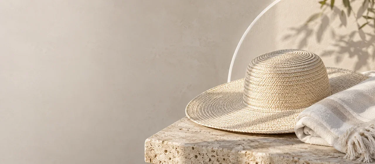 Sombrero y lino sobre piedra clara, ambiente editorial de verano